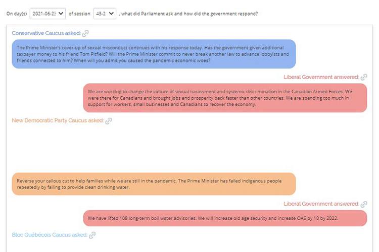 Parlawatch creates text summaries by grouping Question Period transcripts into sets of questions posed by opposition parties and answers provided by the government.